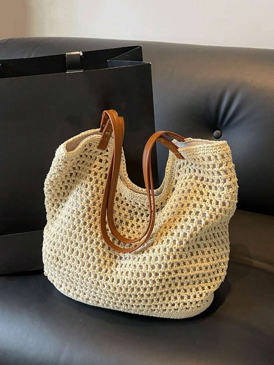Yogodlns New Arrival Hollow Out Tote Bags For Women Large Capacity Straw Woven Handbag Shoulder Bag Vintage Travel Beach Bag Shopping Pack Beach Bag School Bag, Back To School Backpack, Large Capacity