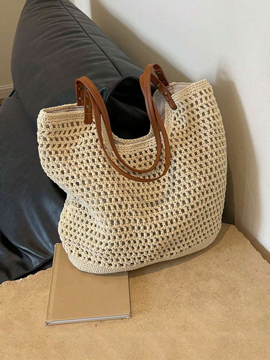 Yogodlns New Arrival Hollow Out Tote Bags For Women Large Capacity Straw Woven Handbag Shoulder Bag Vintage Travel Beach Bag Shopping Pack Beach Bag School Bag, Back To School Backpack, Large Capacity