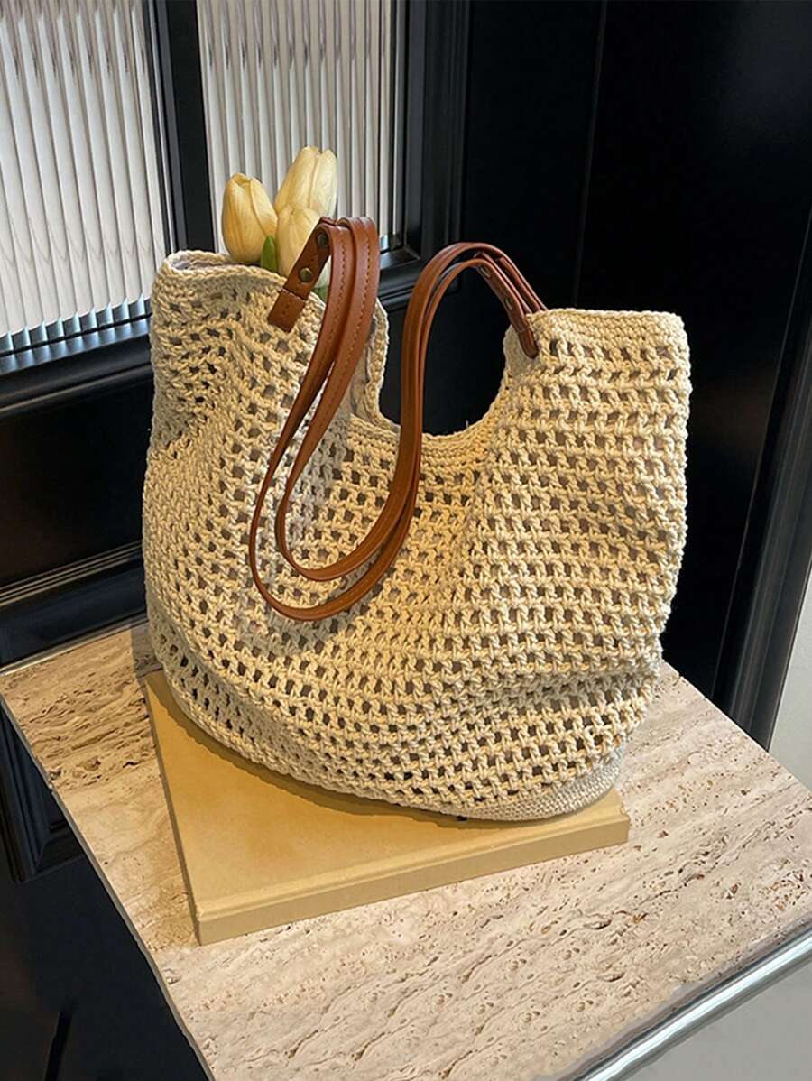 Yogodlns New Arrival Hollow Out Tote Bags For Women Large Capacity Straw Woven Handbag Shoulder Bag Vintage Travel Beach Bag Shopping Pack Beach Bag School Bag, Back To School Backpack, Large Capacity