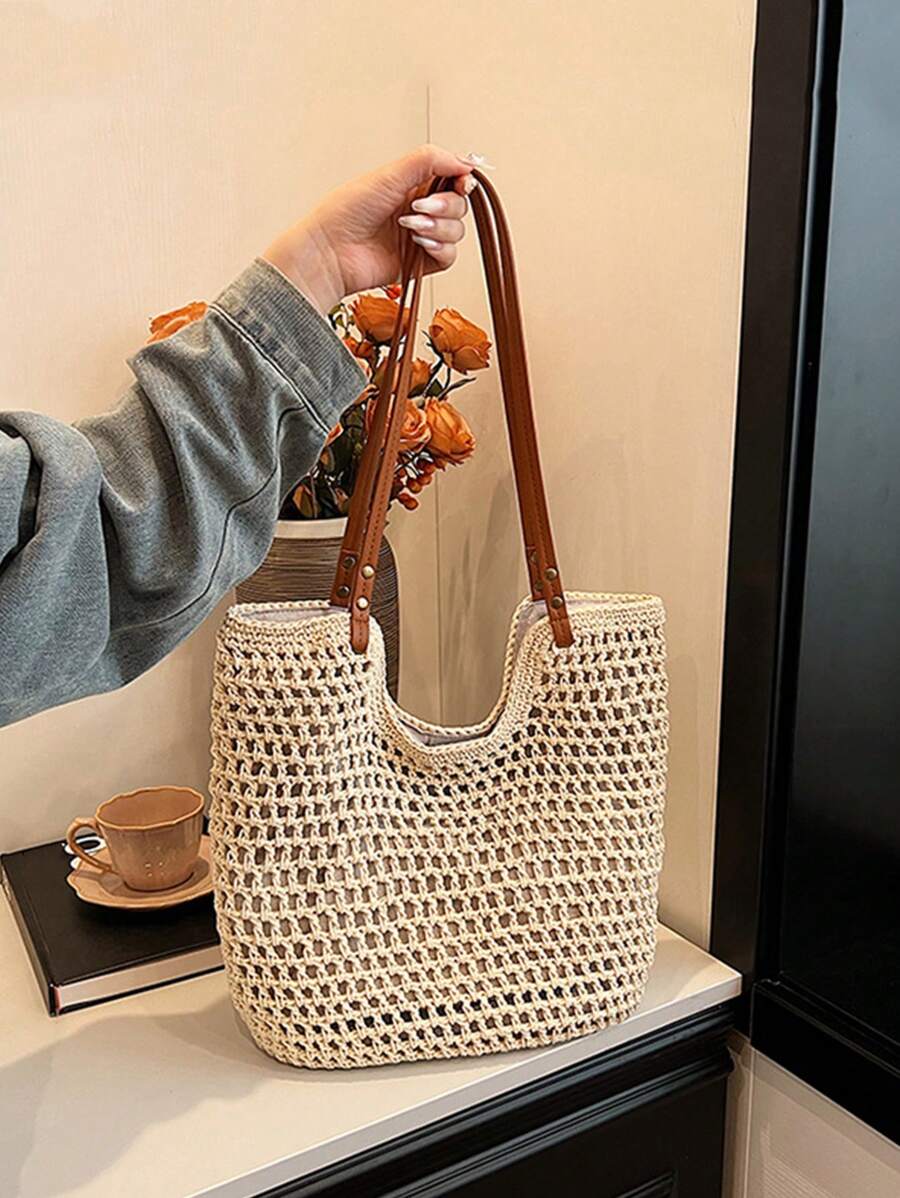 Yogodlns New Arrival Hollow Out Tote Bags For Women Large Capacity Straw Woven Handbag Shoulder Bag Vintage Travel Beach Bag Shopping Pack Beach Bag School Bag, Back To School Backpack, Large Capacity