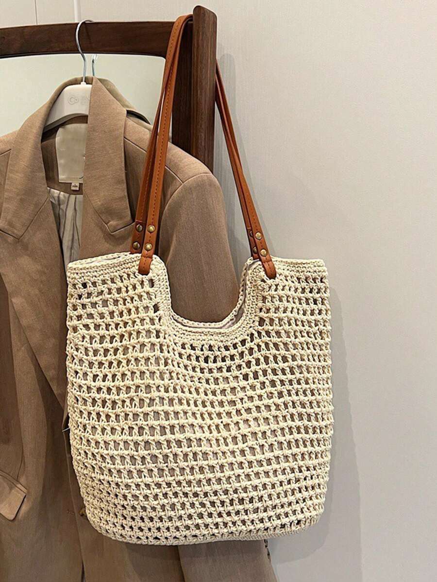 Yogodlns New Arrival Hollow Out Tote Bags For Women Large Capacity Straw Woven Handbag Shoulder Bag Vintage Travel Beach Bag Shopping Pack Beach Bag School Bag, Back To School Backpack, Large Capacity