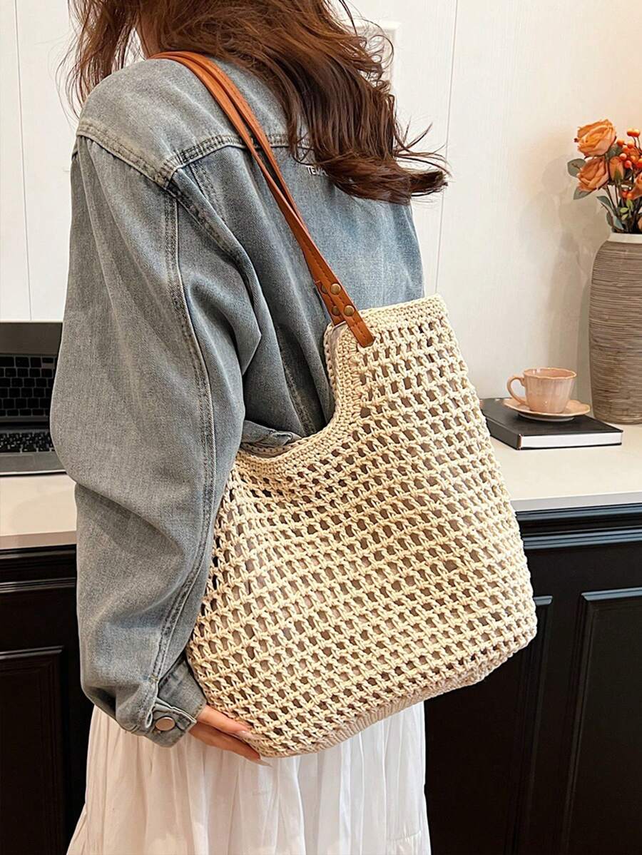 Yogodlns New Arrival Hollow Out Tote Bags For Women Large Capacity Straw Woven Handbag Shoulder Bag Vintage Travel Beach Bag Shopping Pack Beach Bag School Bag, Back To School Backpack, Large Capacity