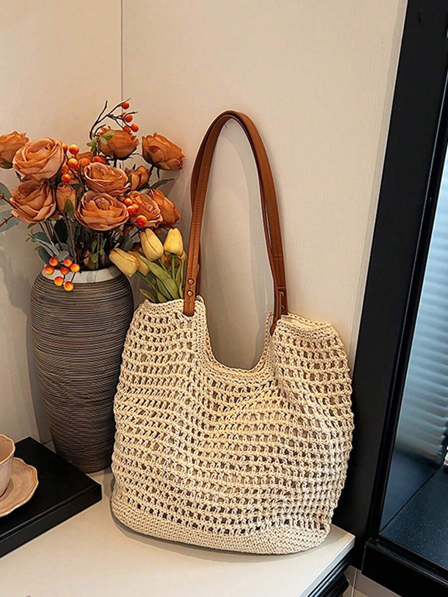 Yogodlns New Arrival Hollow Out Tote Bags For Women Large Capacity Straw Woven Handbag Shoulder Bag Vintage Travel Beach Bag Shopping Pack Beach Bag School Bag, Back To School Backpack, Large Capacity
