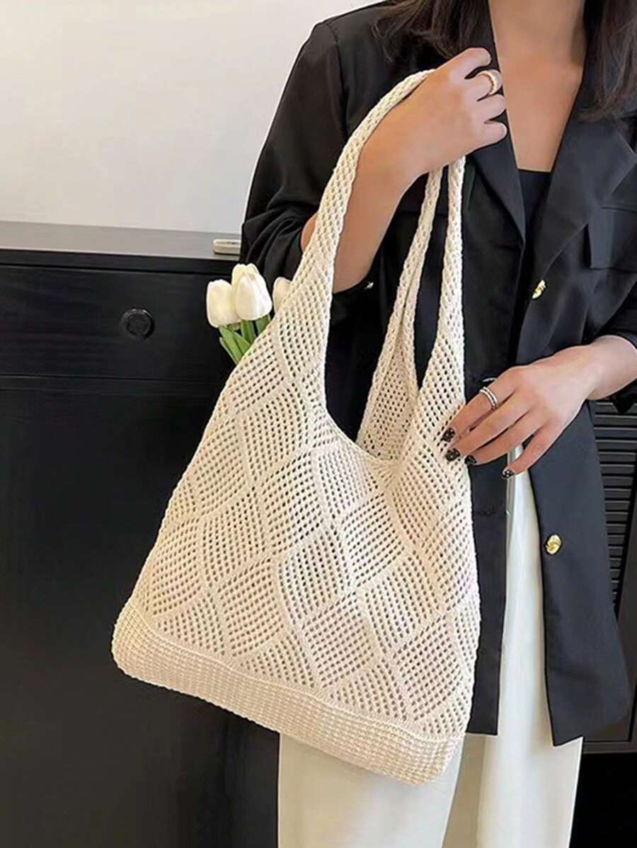 Women Hollow Knitted Shoulder Bag Simple Crochet Handbag Lightweight Casual Hollow Out Pattern Crochet Bag