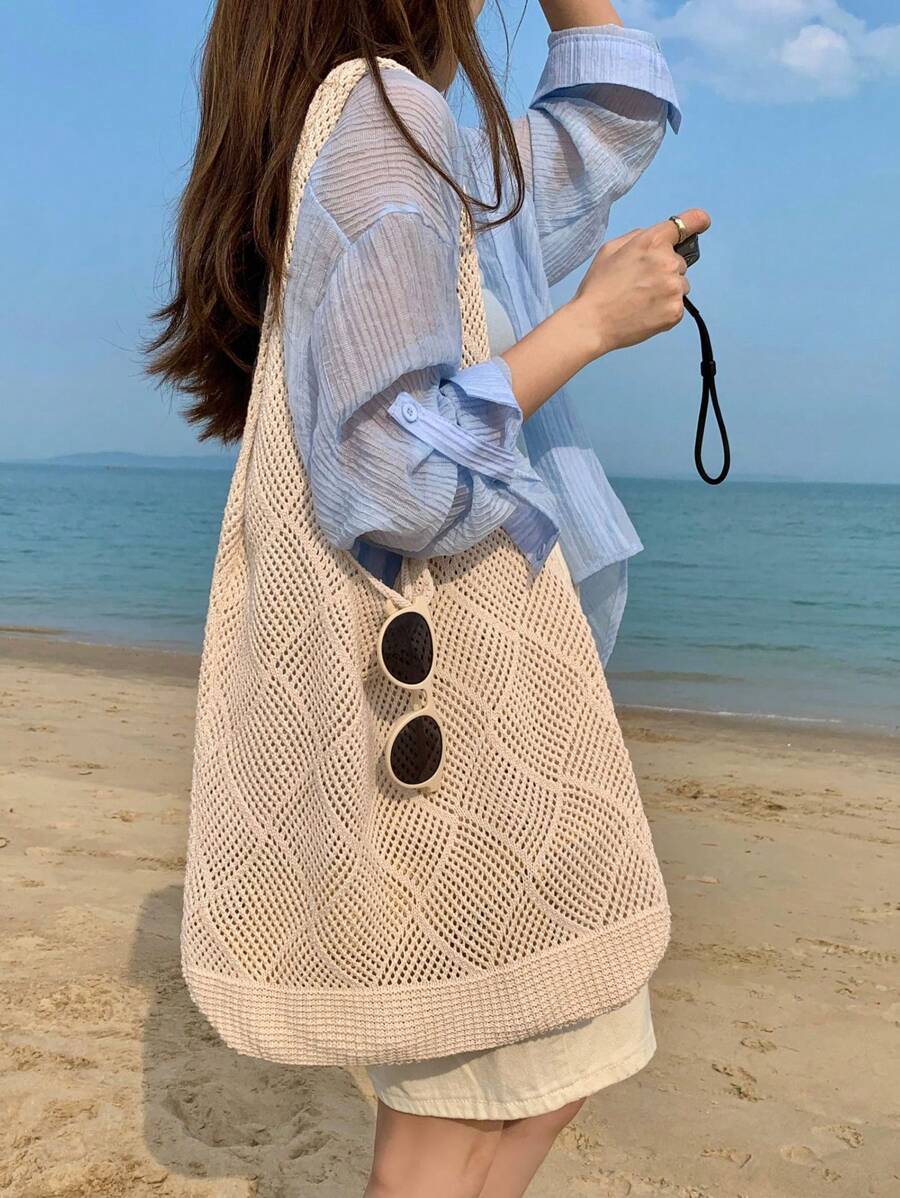 Women Hollow Knitted Shoulder Bag Simple Crochet Handbag Lightweight Casual Hollow Out Pattern Crochet Bag
