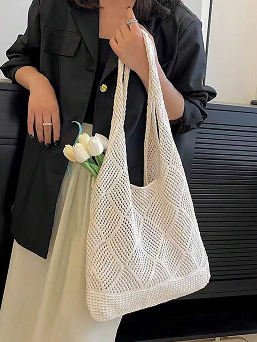 Women Hollow Knitted Shoulder Bag Simple Crochet Handbag Lightweight Casual Hollow Out Pattern Crochet Bag