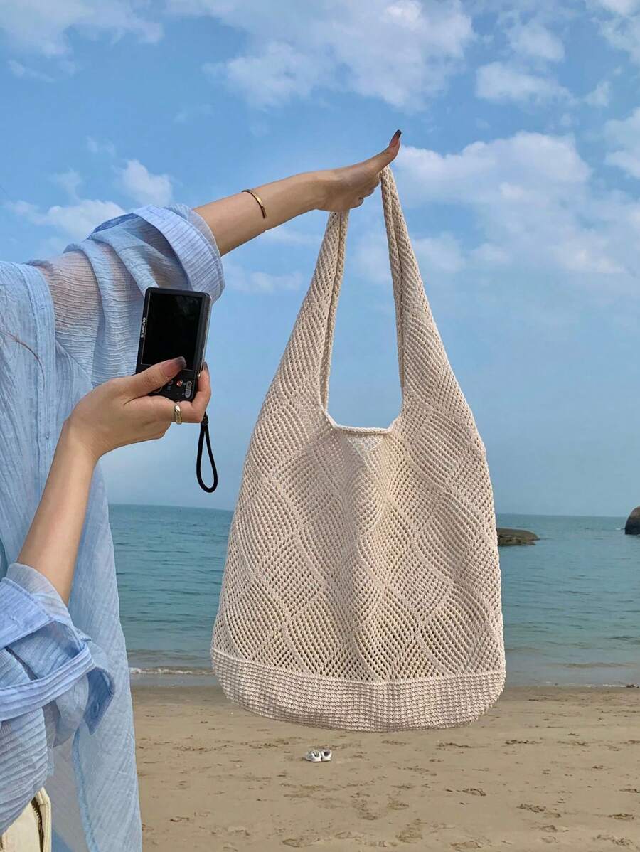Women Hollow Knitted Shoulder Bag Simple Crochet Handbag Lightweight Casual Hollow Out Pattern Crochet Bag