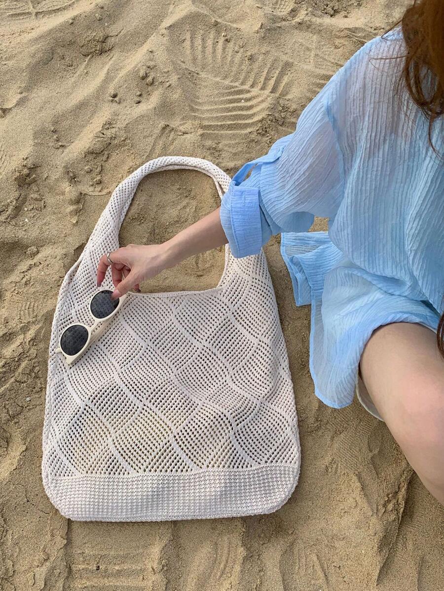 Women Hollow Knitted Shoulder Bag Simple Crochet Handbag Lightweight Casual Hollow Out Pattern Crochet Bag