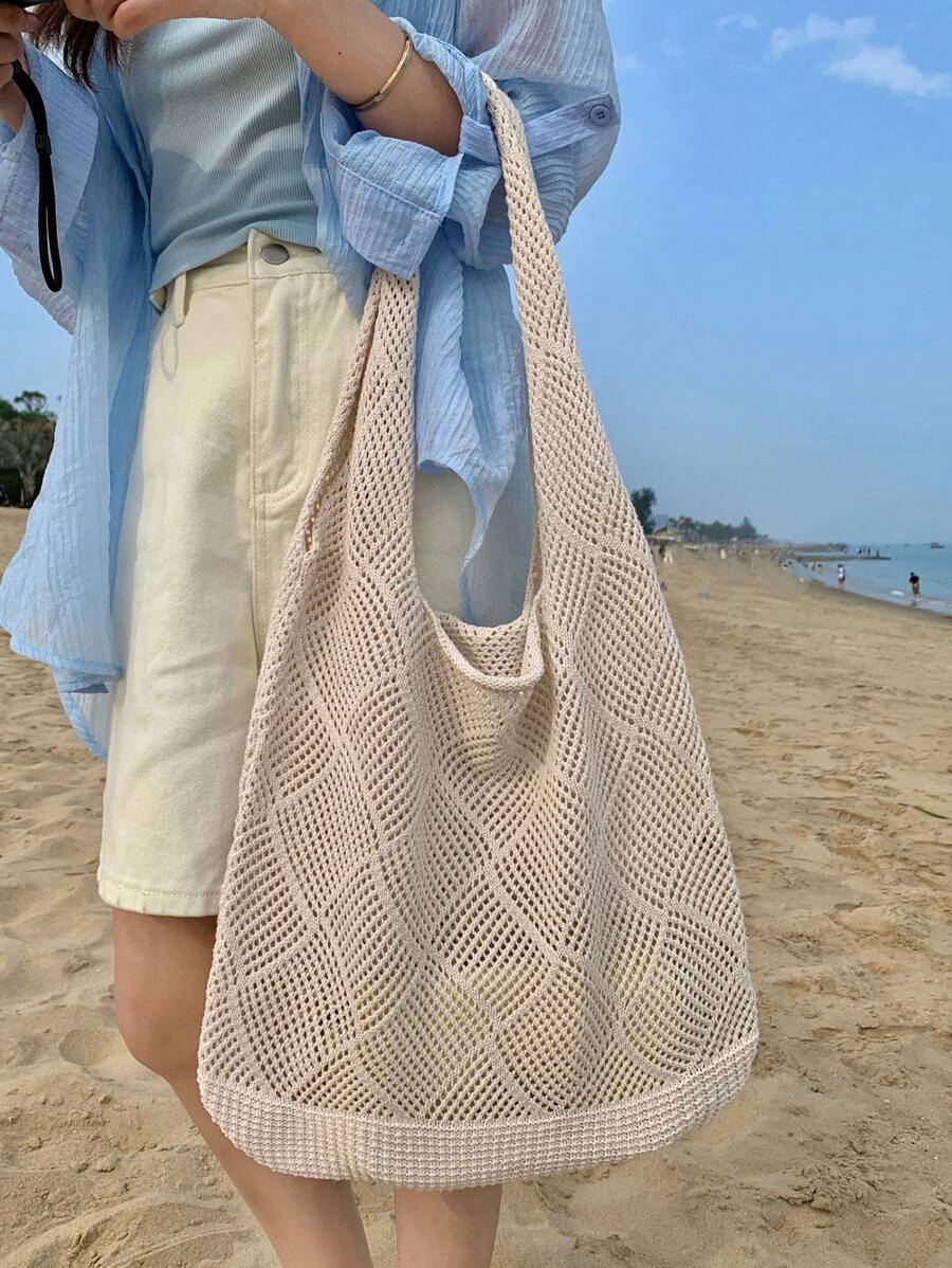 Women Hollow Knitted Shoulder Bag Simple Crochet Handbag Lightweight Casual Hollow Out Pattern Crochet Bag
