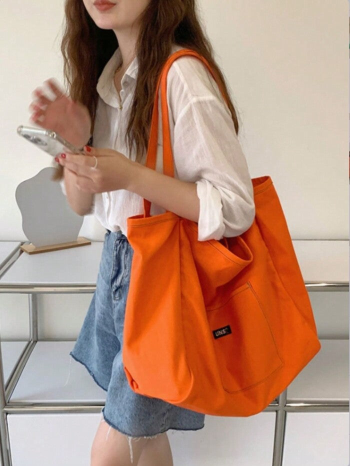 Women's Solid Color Fashion Canvas Tote Bag, Shoulder Handbag, Student Bookbag