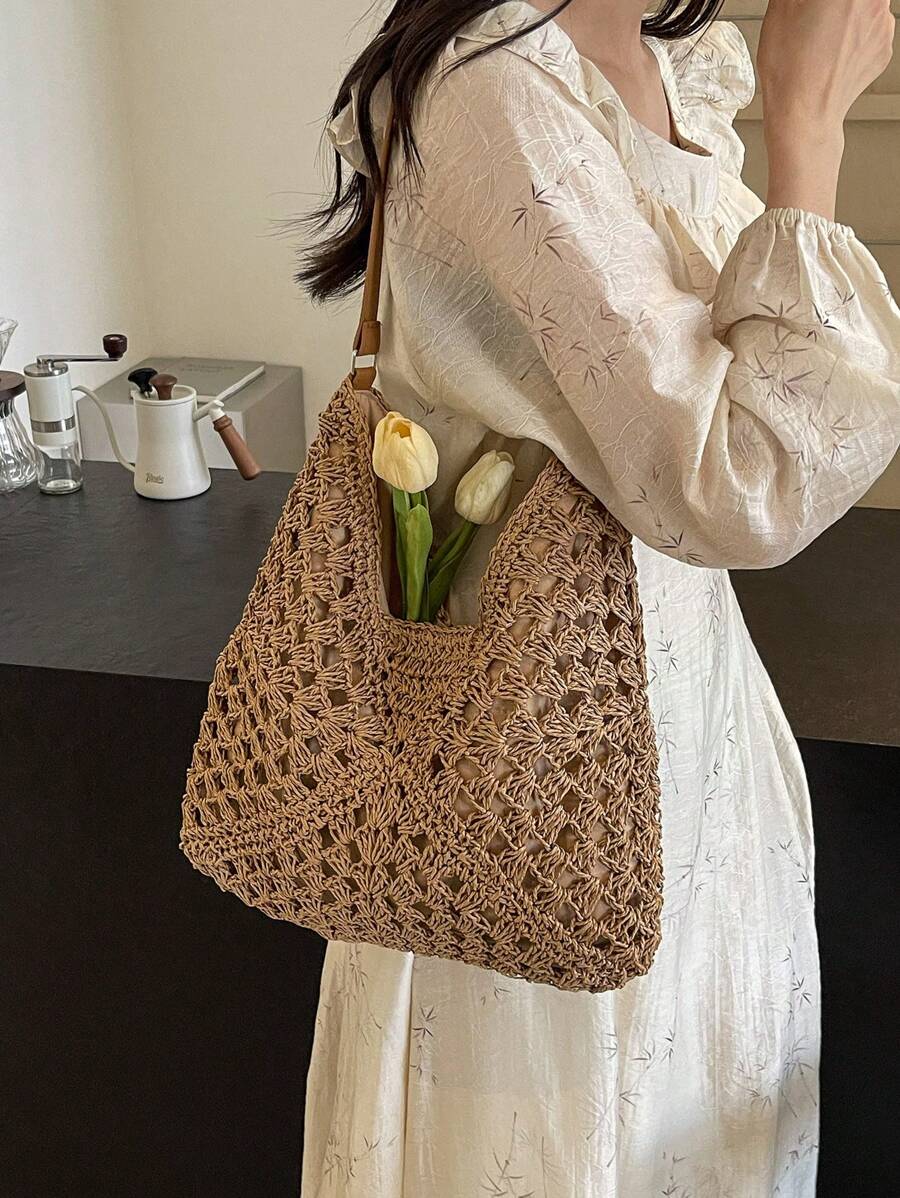 Dedoo Handmade Woven Grandma Plaid Contrast Color Large Capacity Tote Bag, Beach Bag, Perfect For Summer, Vacation And Daily Use,Straw Bag
