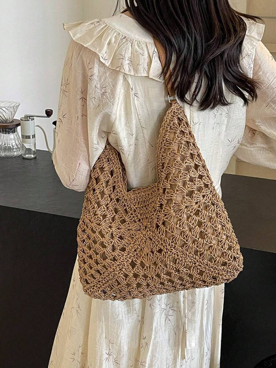 Dedoo Handmade Woven Grandma Plaid Contrast Color Large Capacity Tote Bag, Beach Bag, Perfect For Summer, Vacation And Daily Use,Straw Bag