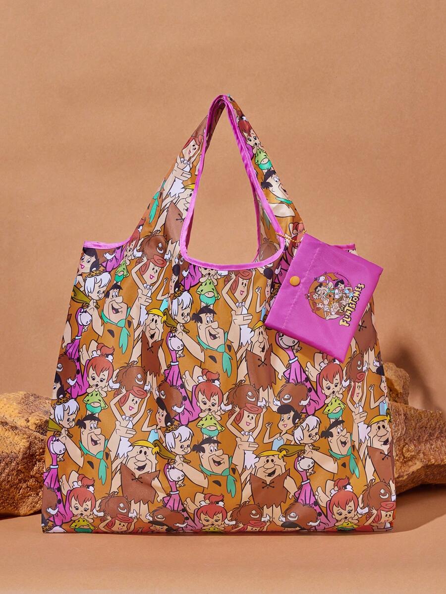 THE FLINTSTONES| 1pc Full-Print Cartoon Character Shopping Bag With Contrast Binding, Foldable And Portable