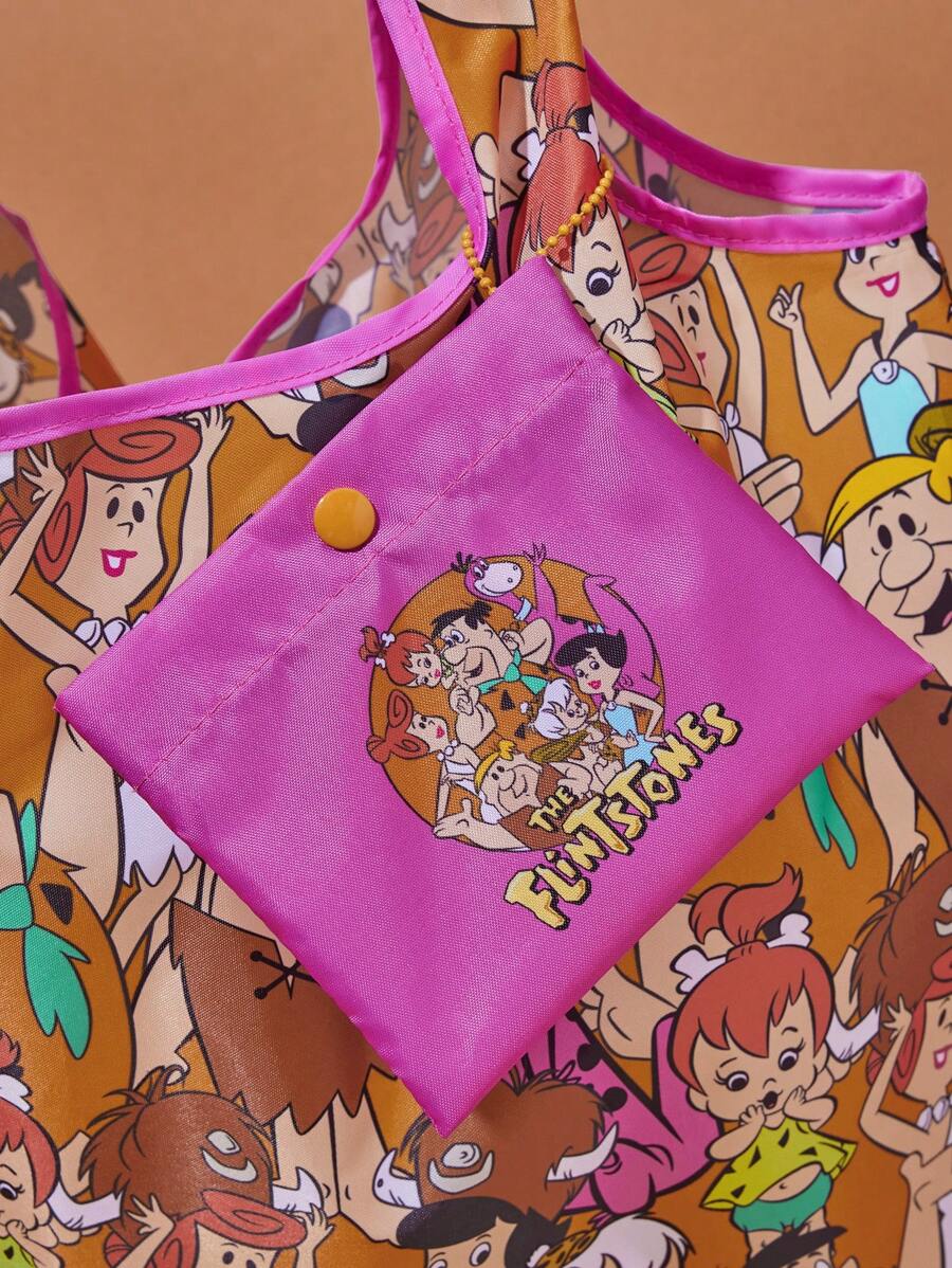 THE FLINTSTONES| 1pc Full-Print Cartoon Character Shopping Bag With Contrast Binding, Foldable And Portable