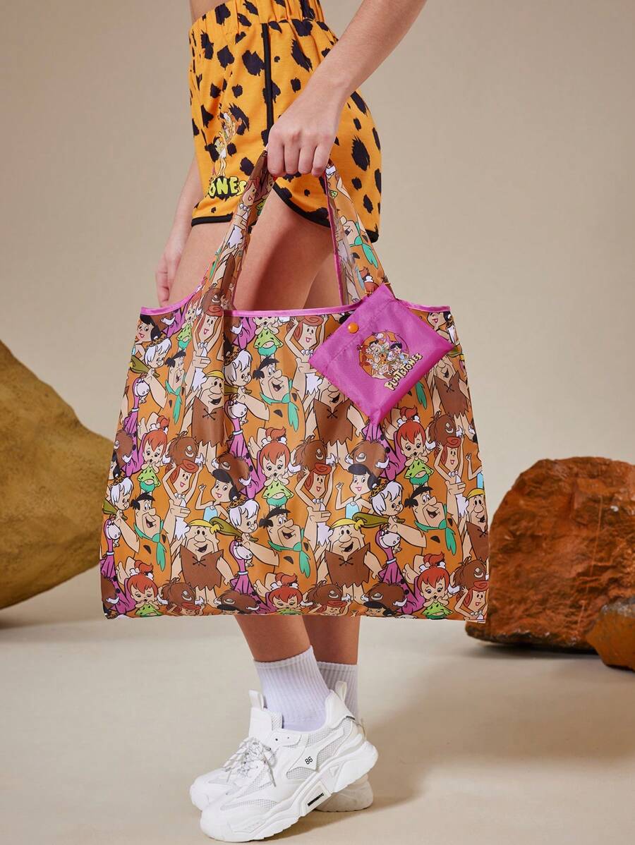 THE FLINTSTONES| 1pc Full-Print Cartoon Character Shopping Bag With Contrast Binding, Foldable And Portable