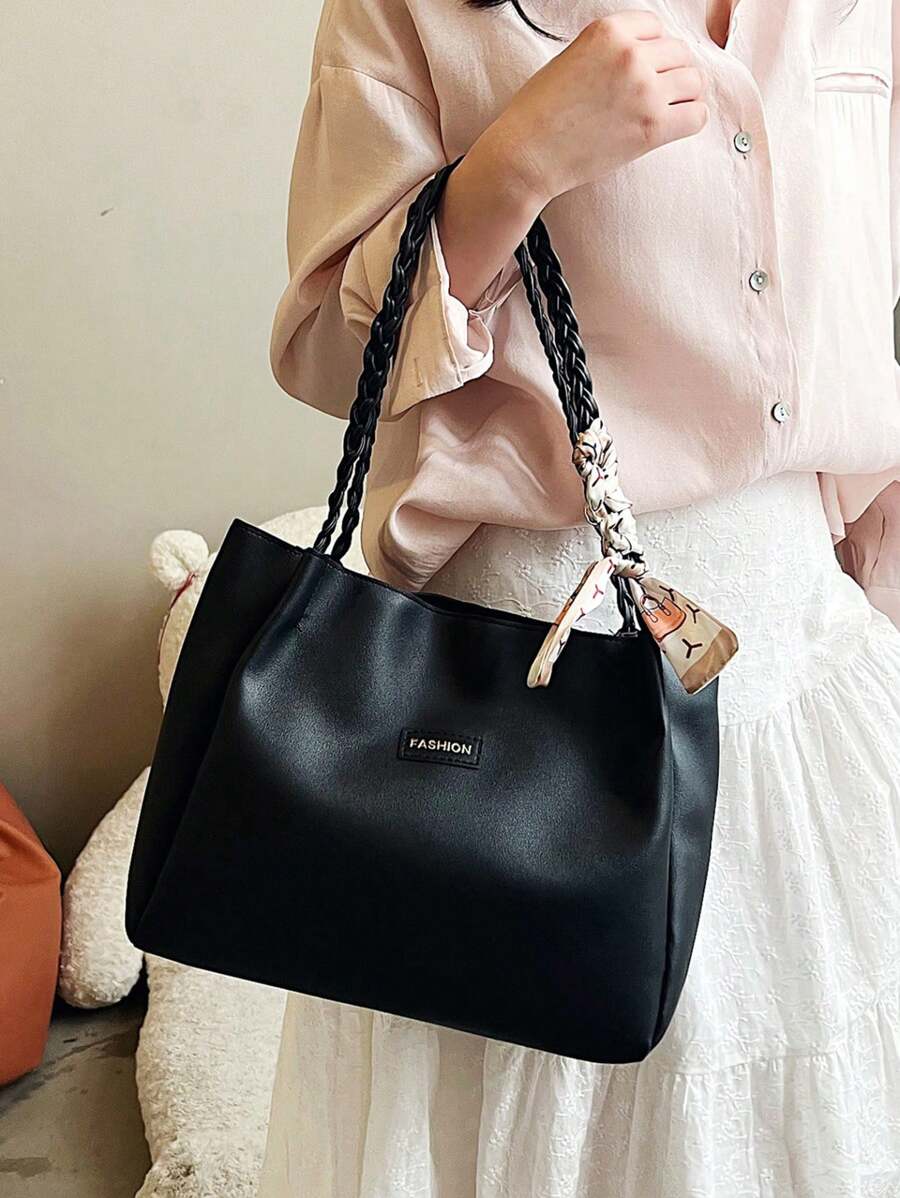 Fashionable Retro Crocodile Grain Scarf Decor Shoulder Tote Bag, Suitable For Women's Work Commute, Travel, Shopping