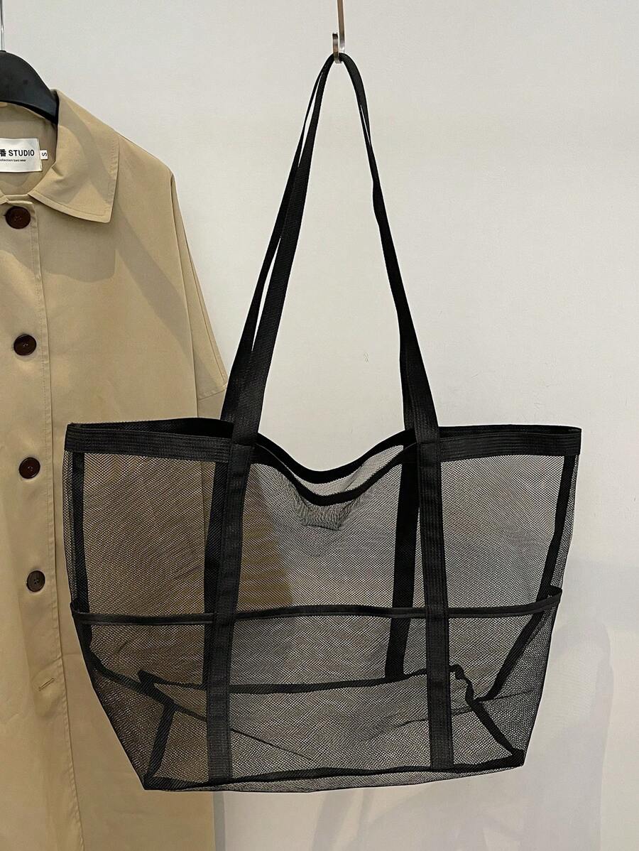 2024 New Beach Mesh Bag  For Seaside Vacation, Mesh Tote Bag School Tote Bag, School Bookbag, Portable, Foldable, Business Casual