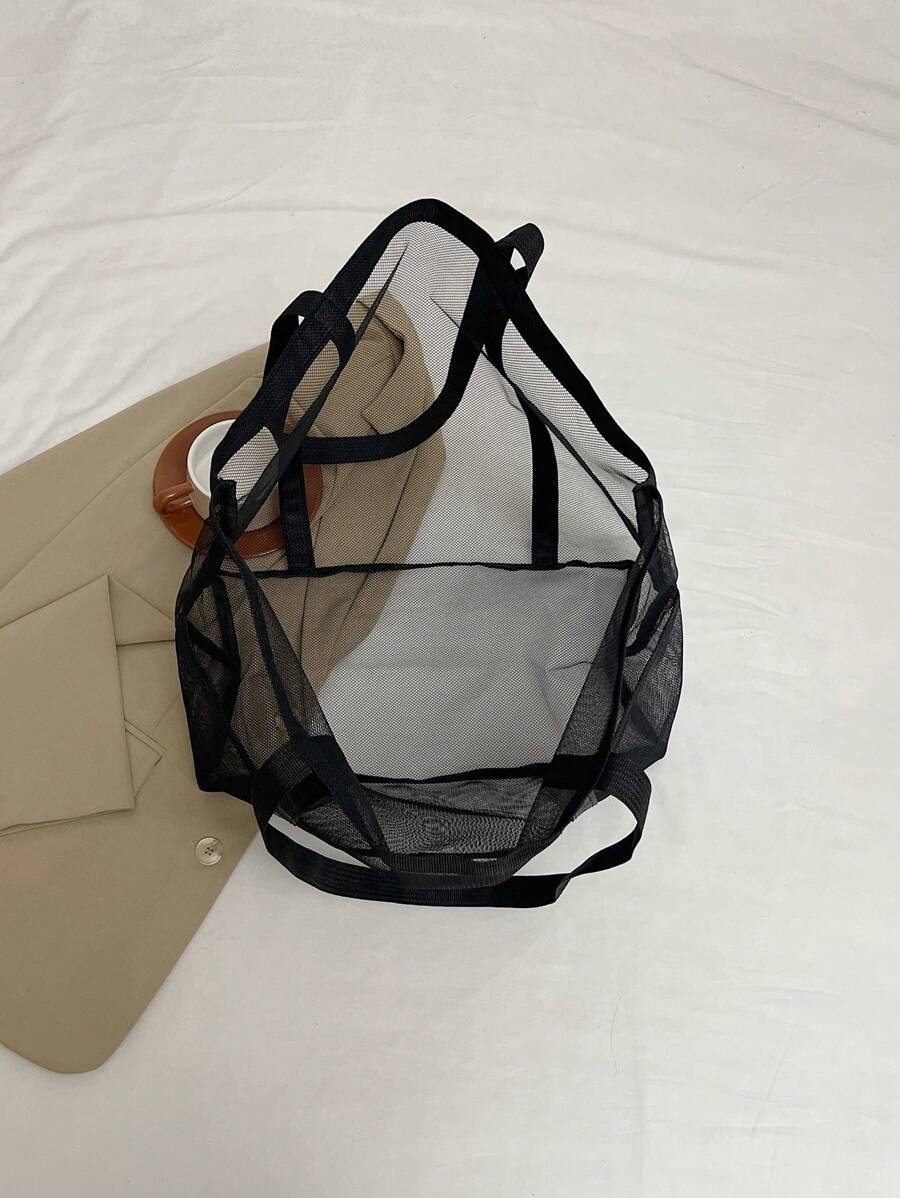 2024 New Beach Mesh Bag  For Seaside Vacation, Mesh Tote Bag School Tote Bag, School Bookbag, Portable, Foldable, Business Casual