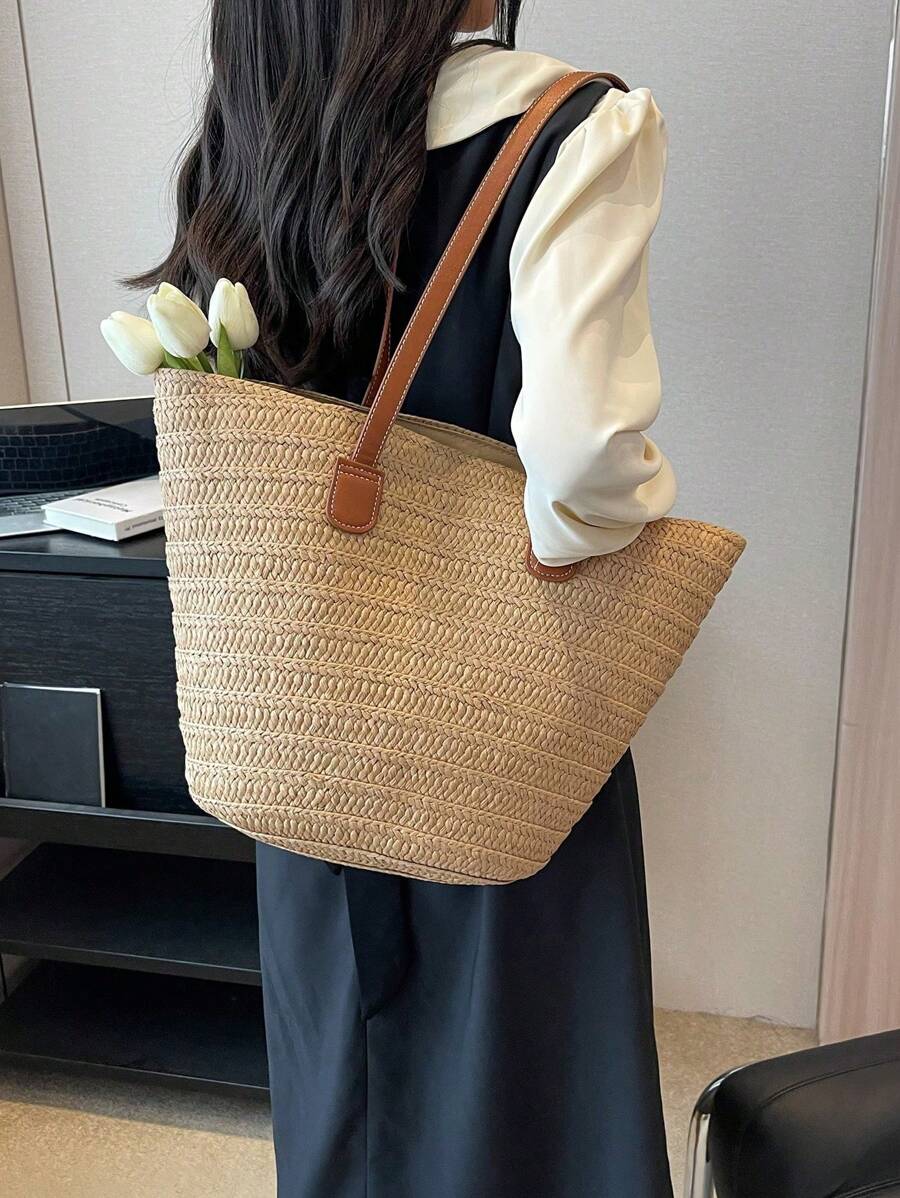 1pc Large Capacity Khaki Woven Zipper Backpack With Double Shoulder Straps, Great Tote Bag For Travel, Vacation, Beach, And Shoulder Bag