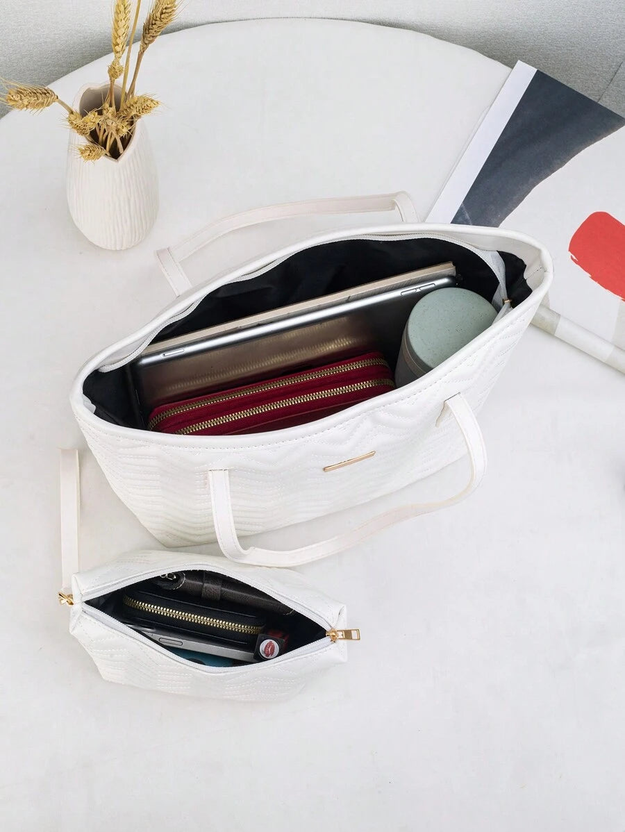 2pcs Set Of Large Capacity Geometric Pattern Tote Bag With Wave Stitching, Retro Shoulder Shopping Bag & Coin Purse For Women