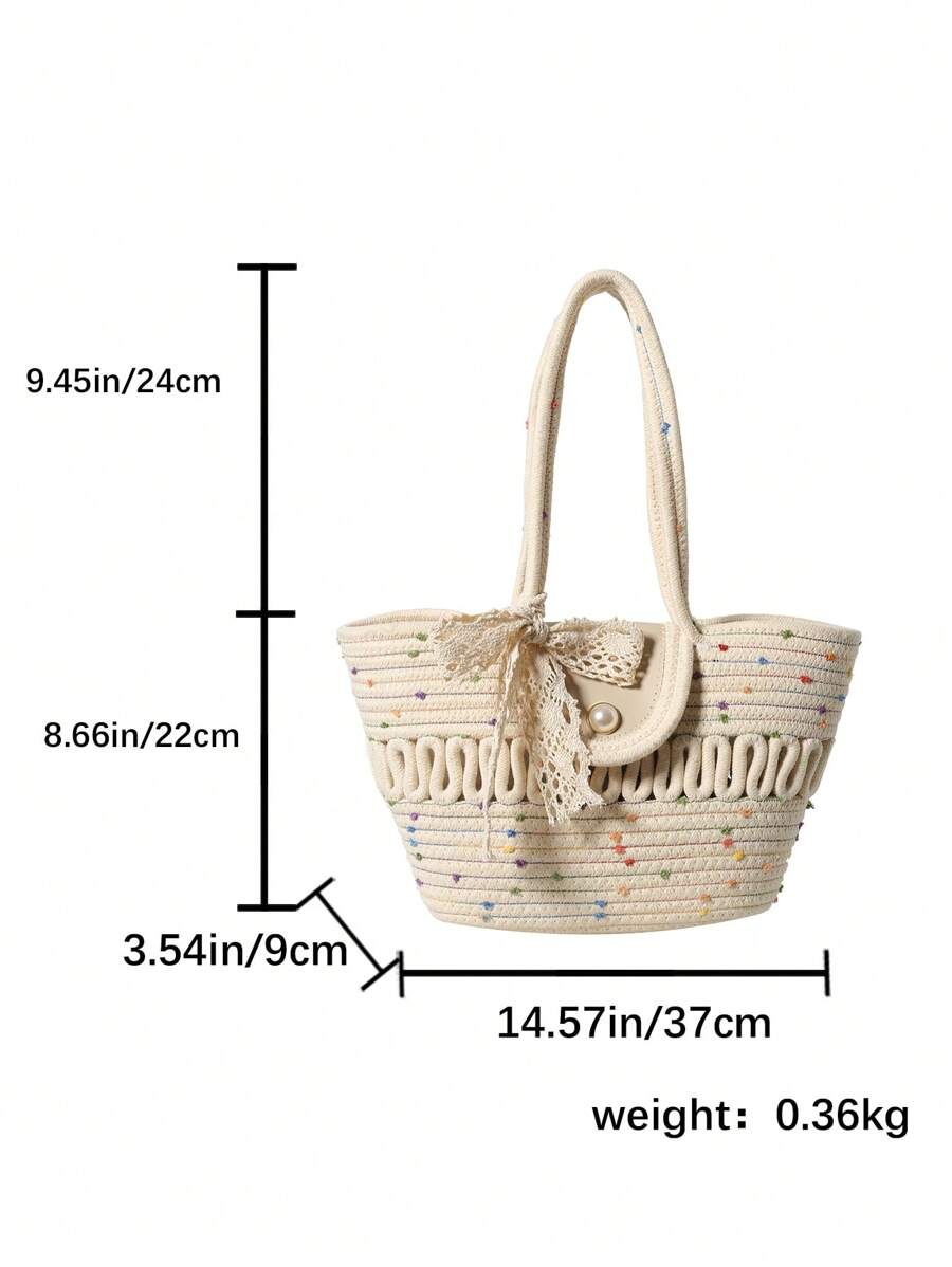 Fashionable Large Capacity Woven Straw Tote, Casual Bag With Scarf Decoration, Hollow Out Rope Design Handbag, Shoulder Bucket Bag For Summer Beach, Women's Bag With Flip Pearl Decoration, Versatile