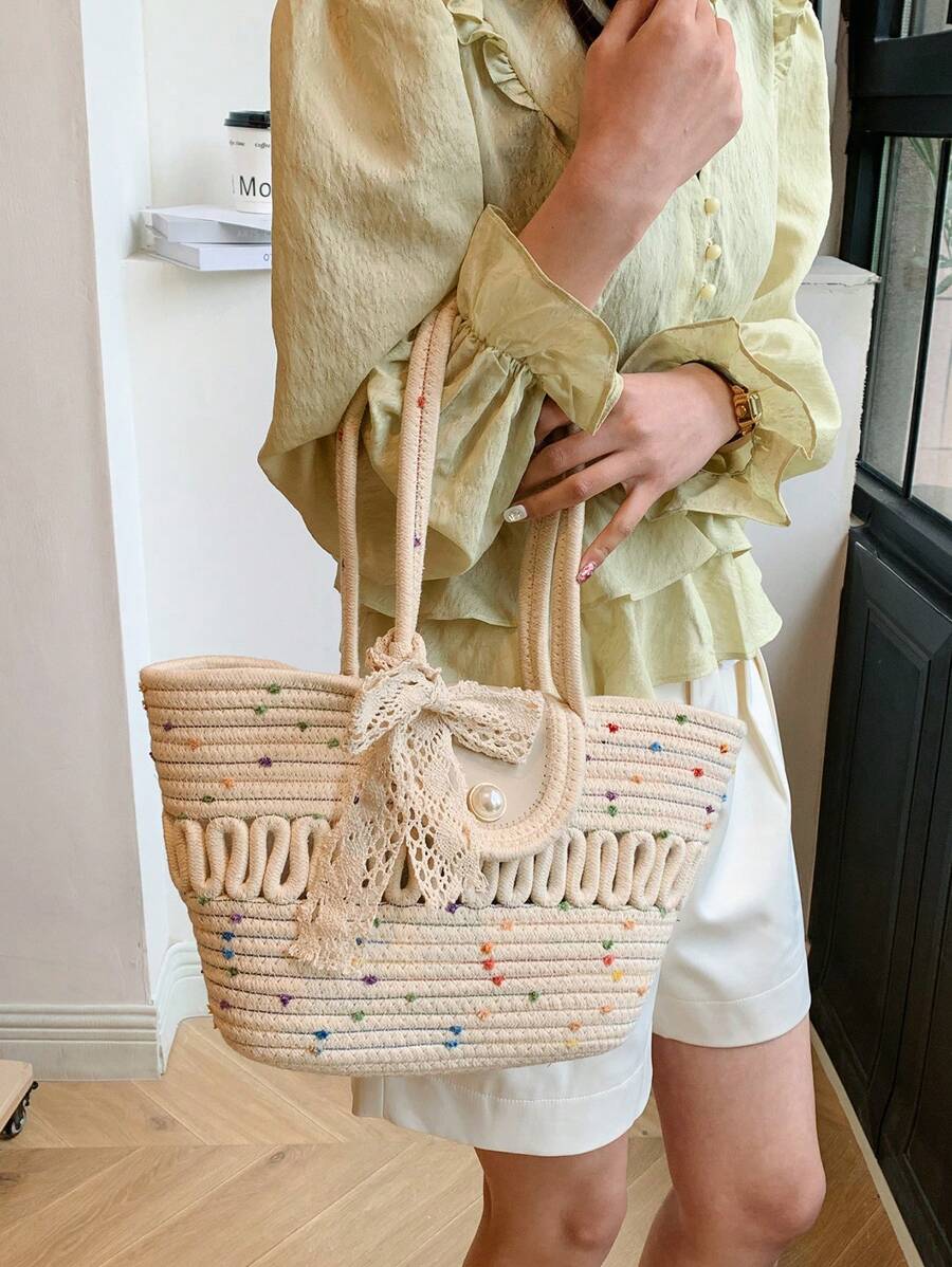 Fashionable Large Capacity Woven Straw Tote, Casual Bag With Scarf Decoration, Hollow Out Rope Design Handbag, Shoulder Bucket Bag For Summer Beach, Women's Bag With Flip Pearl Decoration, Versatile