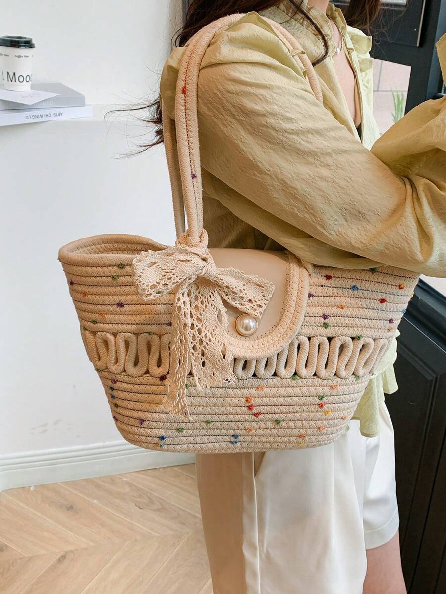 Fashionable Large Capacity Woven Straw Tote, Casual Bag With Scarf Decoration, Hollow Out Rope Design Handbag, Shoulder Bucket Bag For Summer Beach, Women's Bag With Flip Pearl Decoration, Versatile