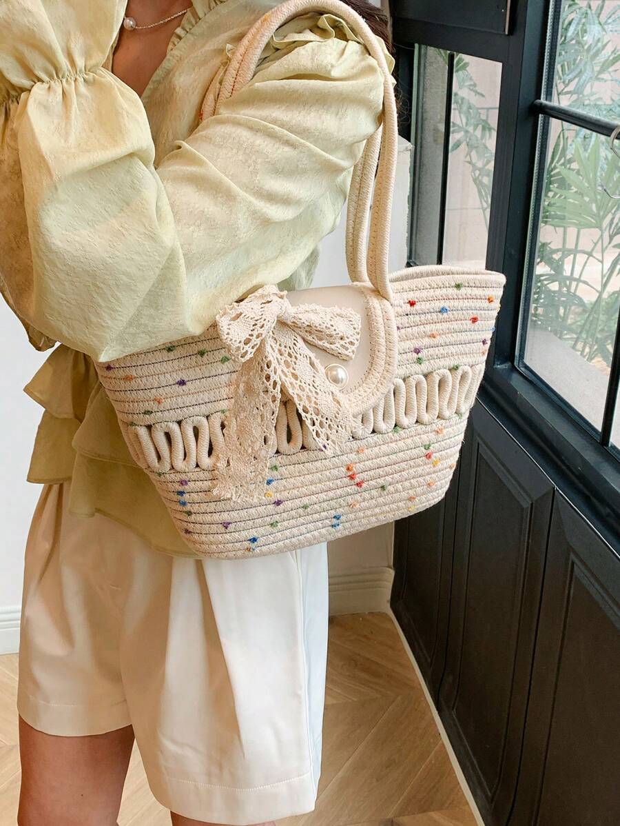 Fashionable Large Capacity Woven Straw Tote, Casual Bag With Scarf Decoration, Hollow Out Rope Design Handbag, Shoulder Bucket Bag For Summer Beach, Women's Bag With Flip Pearl Decoration, Versatile