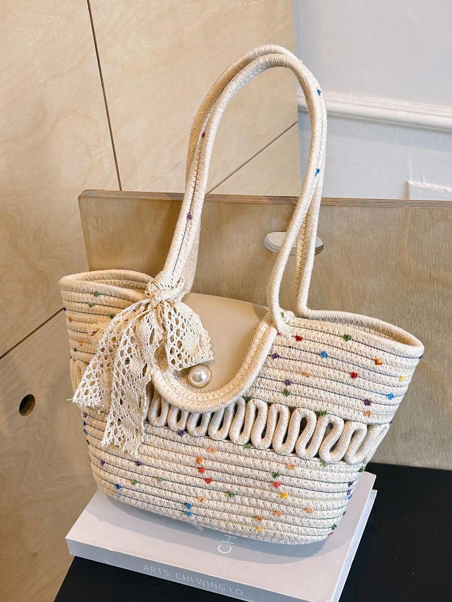Fashionable Large Capacity Woven Straw Tote, Casual Bag With Scarf Decoration, Hollow Out Rope Design Handbag, Shoulder Bucket Bag For Summer Beach, Women's Bag With Flip Pearl Decoration, Versatile