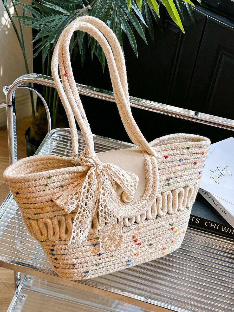 Fashionable Large Capacity Woven Straw Tote, Casual Bag With Scarf Decoration, Hollow Out Rope Design Handbag, Shoulder Bucket Bag For Summer Beach, Women's Bag With Flip Pearl Decoration, Versatile