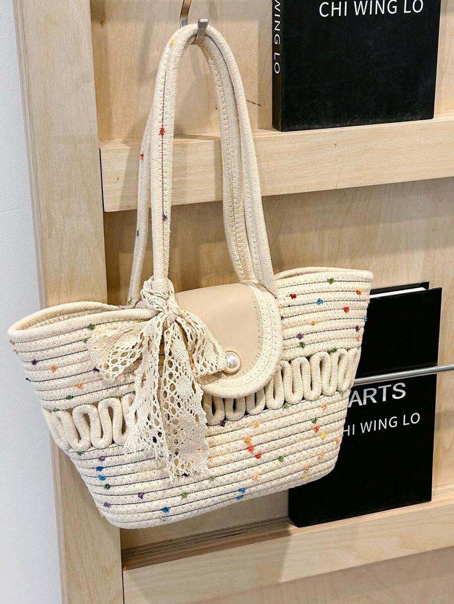 Fashionable Large Capacity Woven Straw Tote, Casual Bag With Scarf Decoration, Hollow Out Rope Design Handbag, Shoulder Bucket Bag For Summer Beach, Women's Bag With Flip Pearl Decoration, Versatile