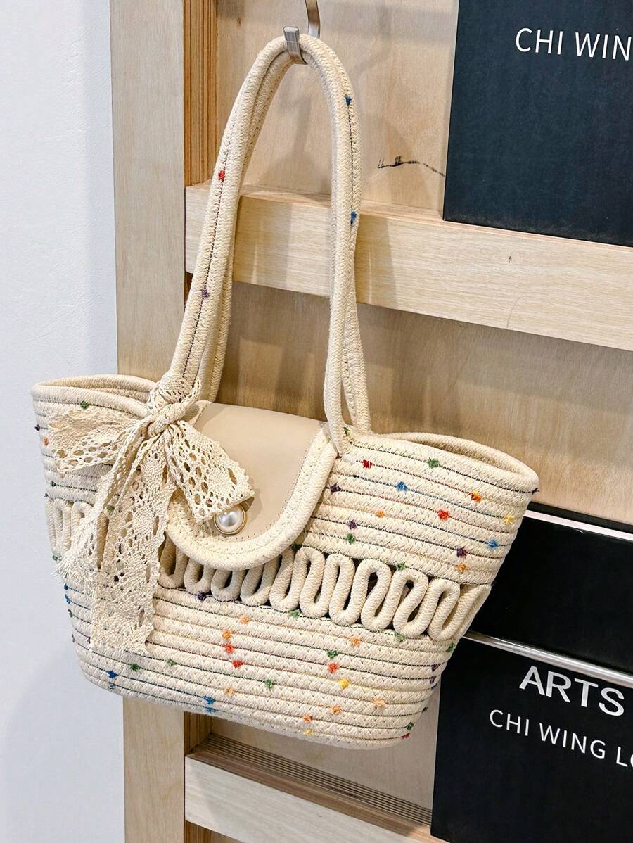 Fashionable Large Capacity Woven Straw Tote, Casual Bag With Scarf Decoration, Hollow Out Rope Design Handbag, Shoulder Bucket Bag For Summer Beach, Women's Bag With Flip Pearl Decoration, Versatile
