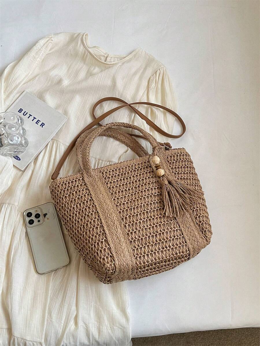 1pc Holiday Woven Tote Bag, Fashionable Wicker Beach Bag, Lunch Box Bag, Solid Color Handmade Woven Bag With Tassel Shoulder Strap,Fringe Bag Vacation Essentials