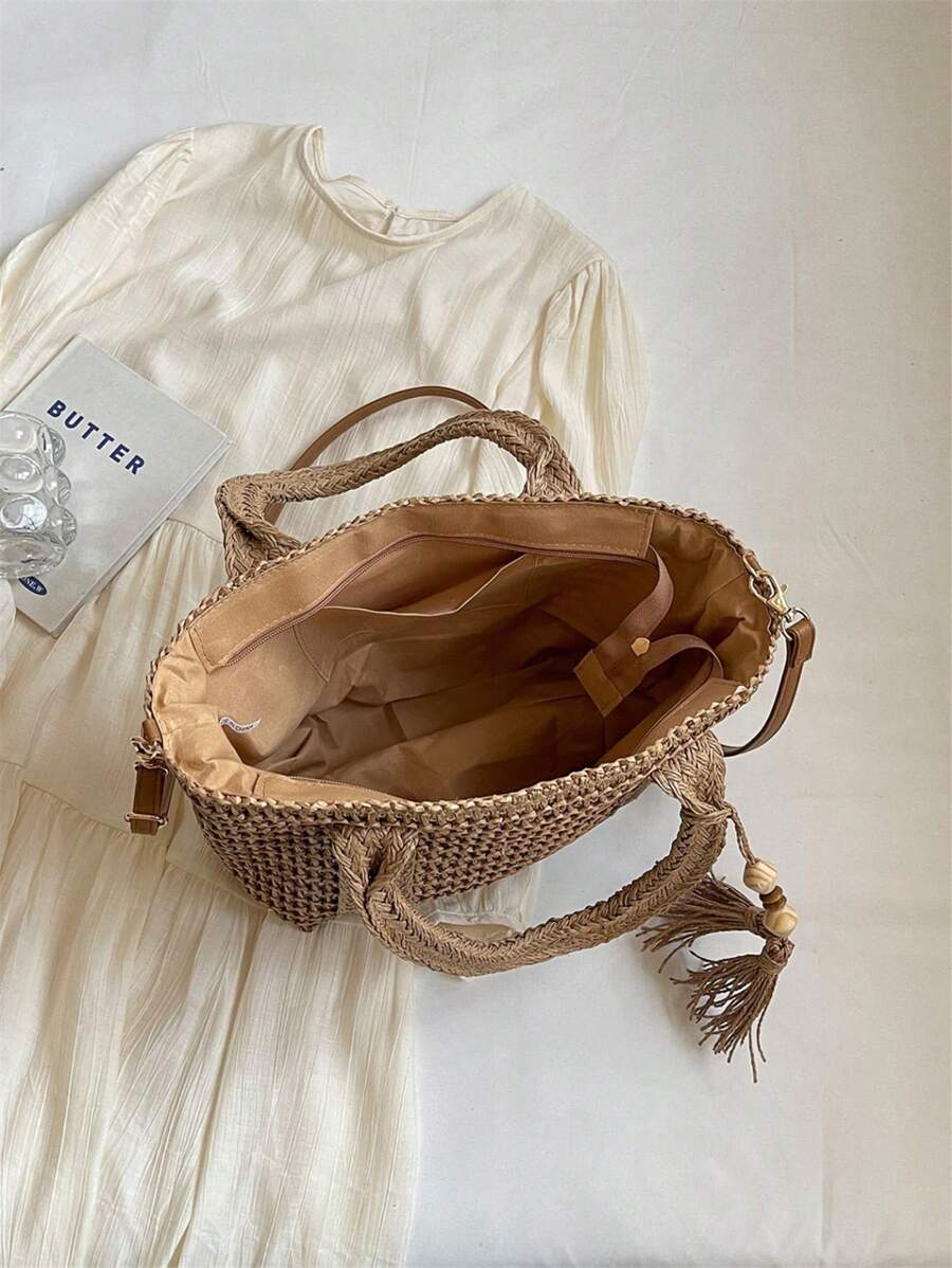 1pc Holiday Woven Tote Bag, Fashionable Wicker Beach Bag, Lunch Box Bag, Solid Color Handmade Woven Bag With Tassel Shoulder Strap,Fringe Bag Vacation Essentials