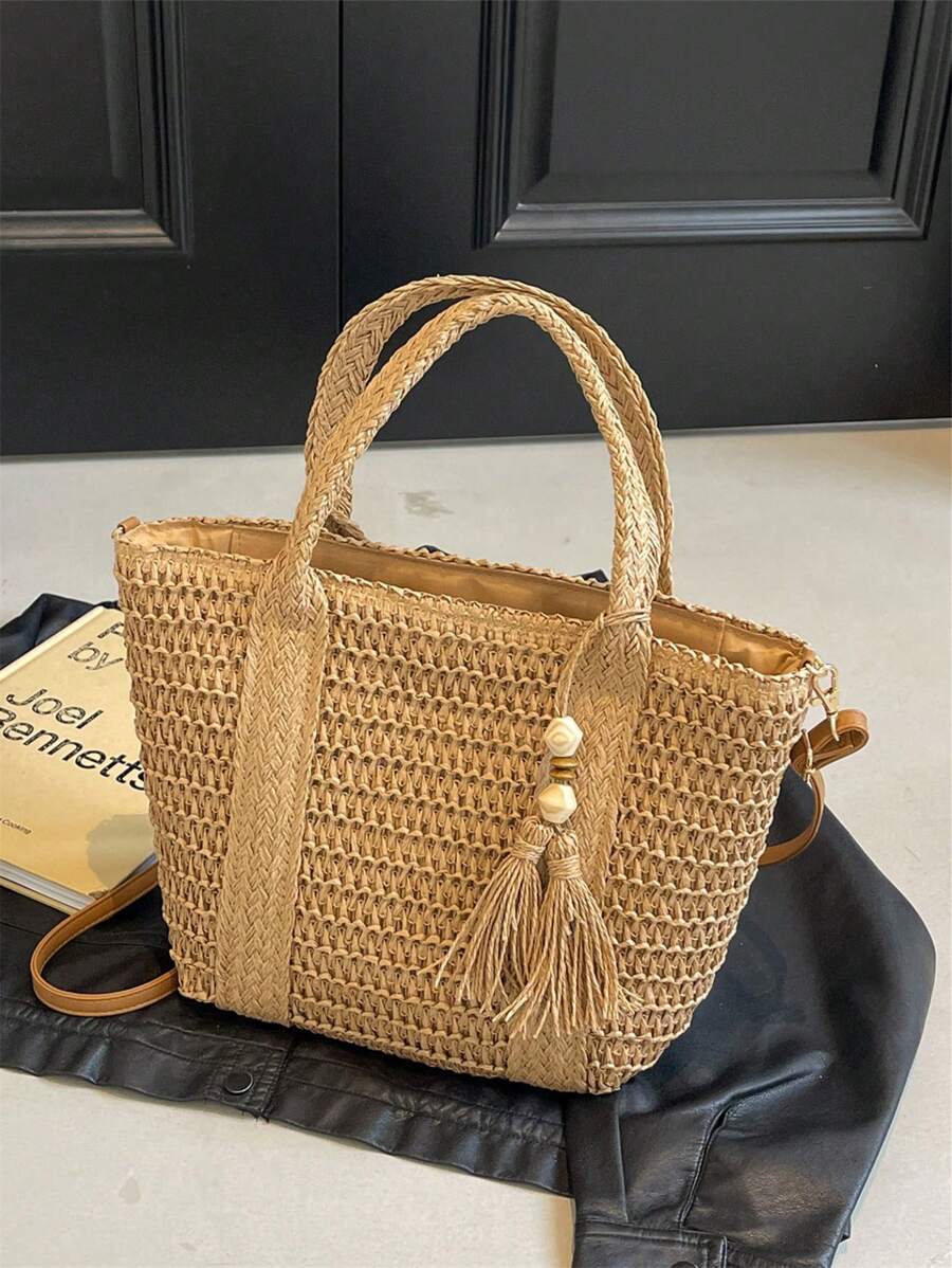 1pc Holiday Woven Tote Bag, Fashionable Wicker Beach Bag, Lunch Box Bag, Solid Color Handmade Woven Bag With Tassel Shoulder Strap,Fringe Bag Vacation Essentials