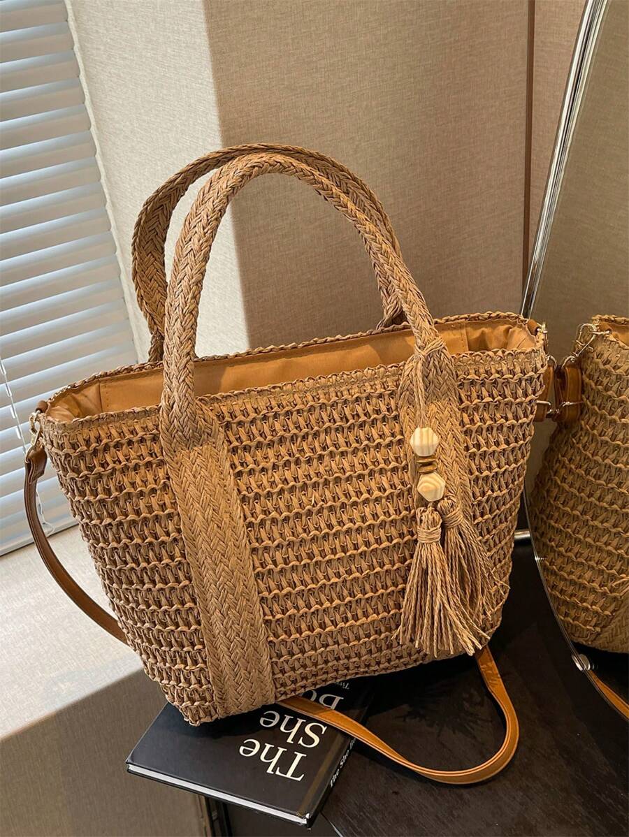 1pc Holiday Woven Tote Bag, Fashionable Wicker Beach Bag, Lunch Box Bag, Solid Color Handmade Woven Bag With Tassel Shoulder Strap,Fringe Bag Vacation Essentials