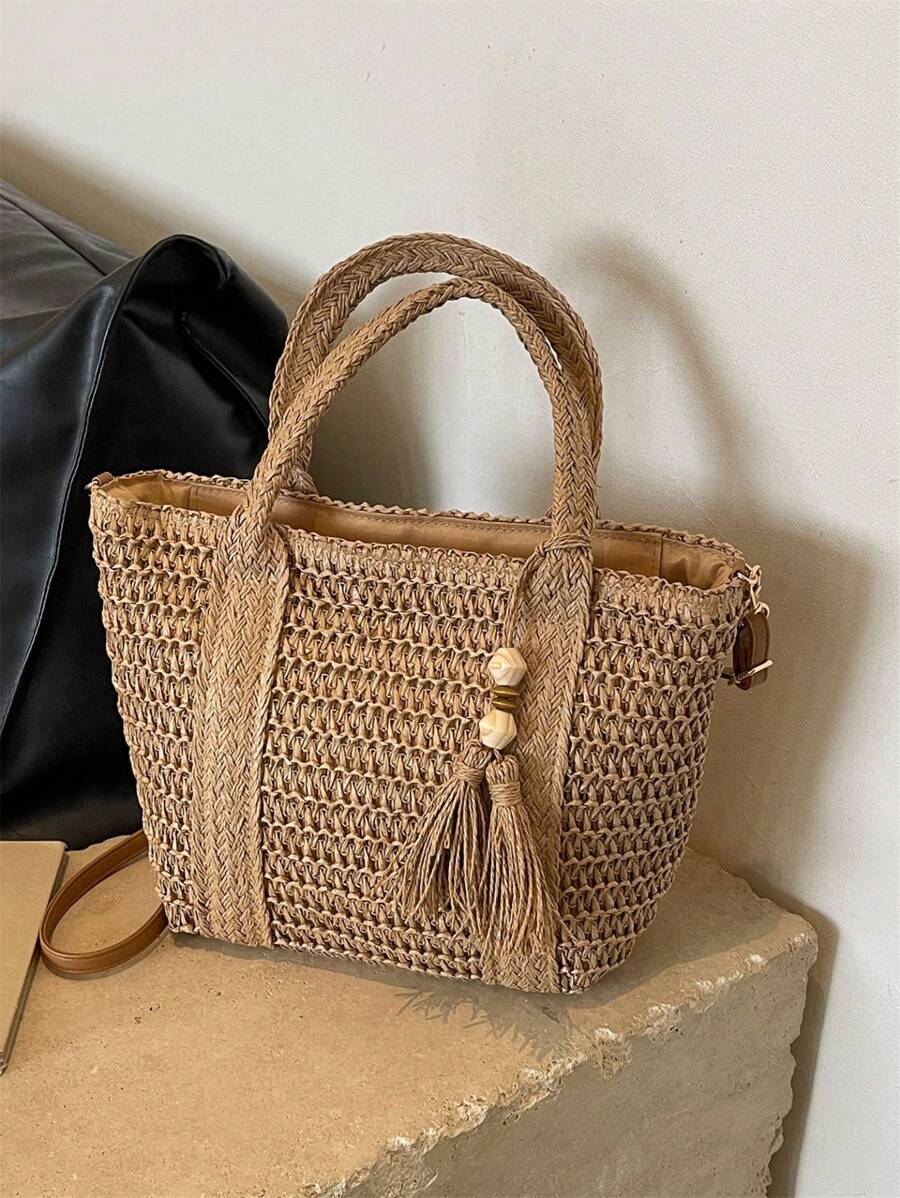 1pc Holiday Woven Tote Bag, Fashionable Wicker Beach Bag, Lunch Box Bag, Solid Color Handmade Woven Bag With Tassel Shoulder Strap,Fringe Bag Vacation Essentials