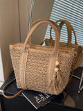 1pc Holiday Woven Tote Bag, Fashionable Wicker Beach Bag, Lunch Box Bag, Solid Color Handmade Woven Bag With Tassel Shoulder Strap,Fringe Bag Vacation Essentials