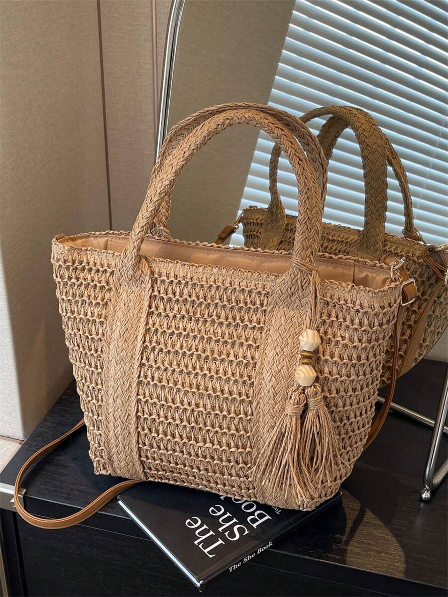 1pc Holiday Woven Tote Bag, Fashionable Wicker Beach Bag, Lunch Box Bag, Solid Color Handmade Woven Bag With Tassel Shoulder Strap,Fringe Bag Vacation Essentials