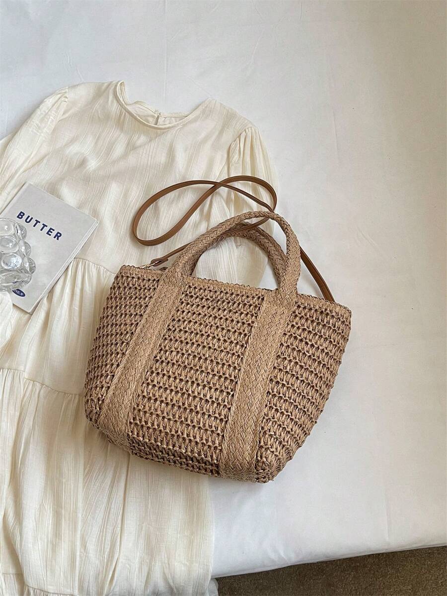 1pc Holiday Woven Tote Bag, Fashionable Wicker Beach Bag, Lunch Box Bag, Solid Color Handmade Woven Bag With Tassel Shoulder Strap,Fringe Bag Vacation Essentials