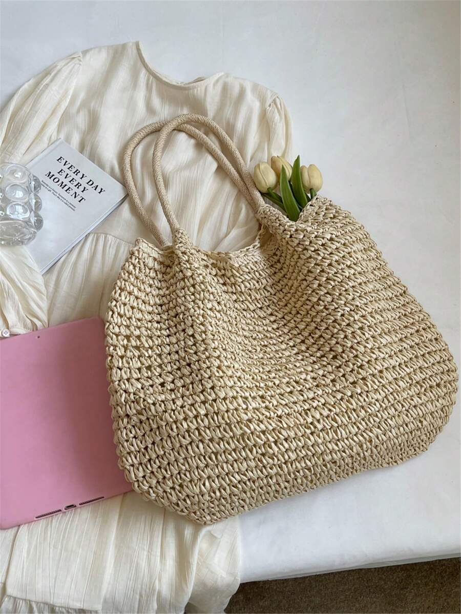 Fashionable Large Capacity Holiday Beach Bag, Women's Woven Straw Tote Bag, Casual Woven Shoulder Bag, Suitable For Traveling, Vacation, Beach And Picnic, A Gift For Women And Moms, Fashionable Vacati