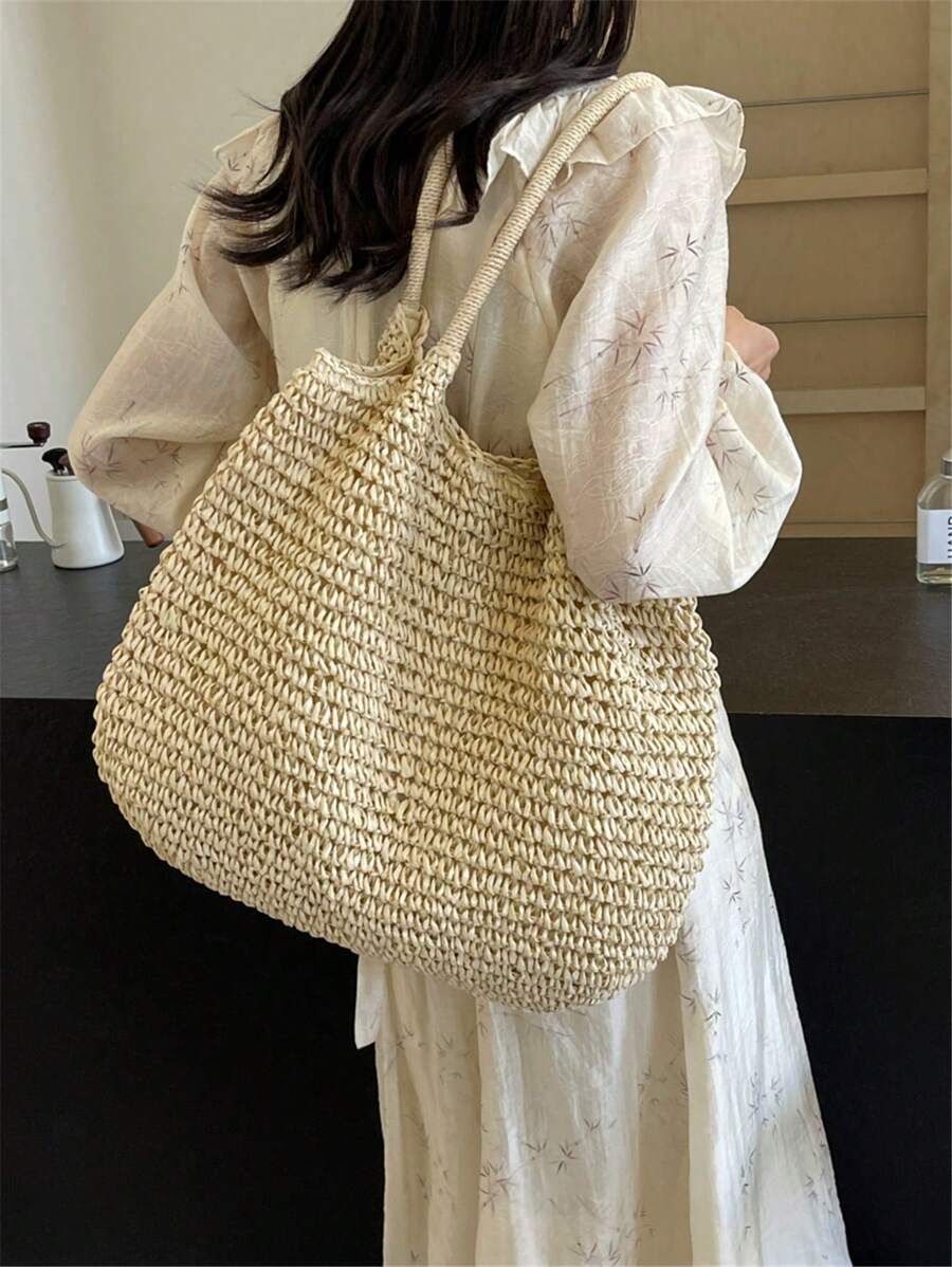 Fashionable Large Capacity Holiday Beach Bag, Women's Woven Straw Tote Bag, Casual Woven Shoulder Bag, Suitable For Traveling, Vacation, Beach And Picnic, A Gift For Women And Moms, Fashionable Vacati