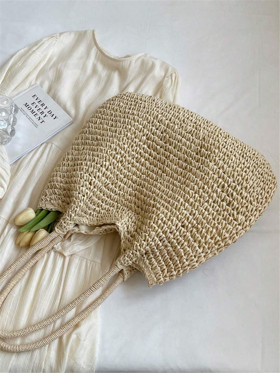 Fashionable Large Capacity Holiday Beach Bag, Women's Woven Straw Tote Bag, Casual Woven Shoulder Bag, Suitable For Traveling, Vacation, Beach And Picnic, A Gift For Women And Moms, Fashionable Vacati