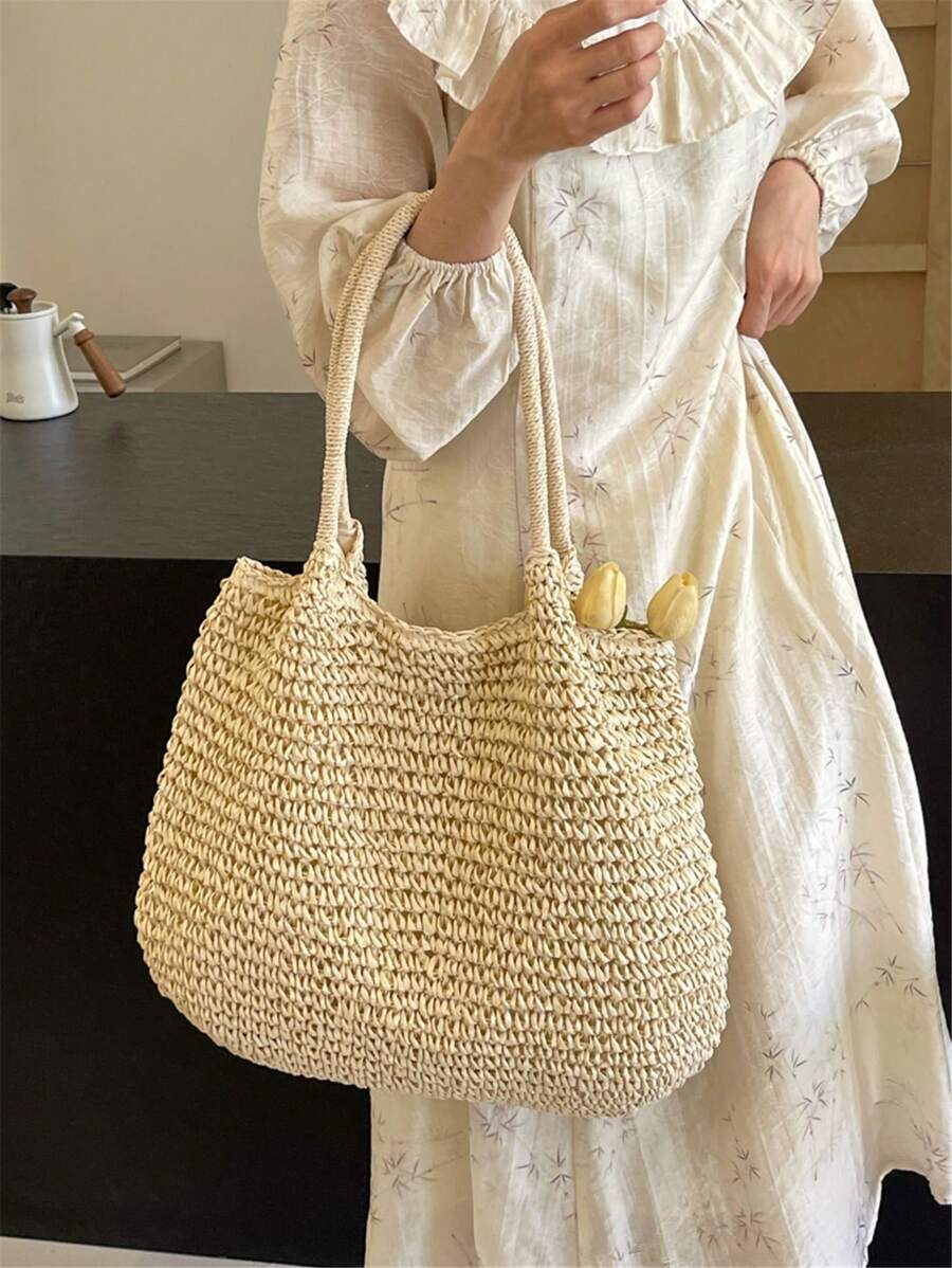 Fashionable Large Capacity Holiday Beach Bag, Women's Woven Straw Tote Bag, Casual Woven Shoulder Bag, Suitable For Traveling, Vacation, Beach And Picnic, A Gift For Women And Moms, Fashionable Vacati