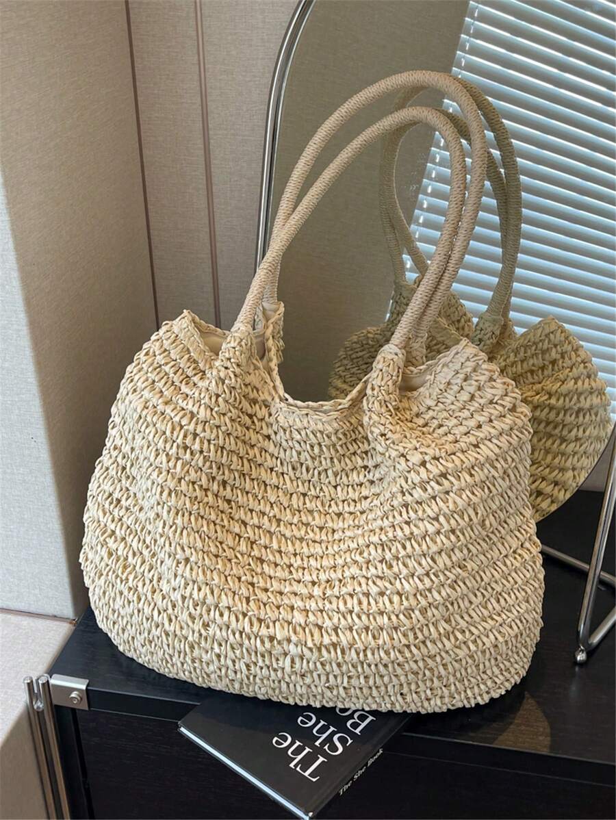 Fashionable Large Capacity Holiday Beach Bag, Women's Woven Straw Tote Bag, Casual Woven Shoulder Bag, Suitable For Traveling, Vacation, Beach And Picnic, A Gift For Women And Moms, Fashionable Vacati