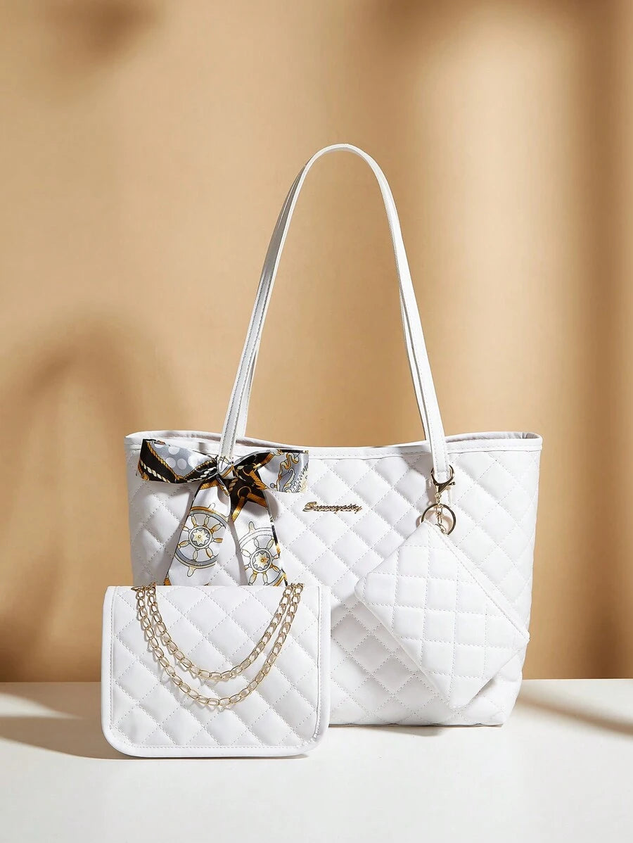 3pcs/Set Women Scarf, Tote Bag, Chain Shoulder Bag, Coin Purse Combo, Quilted Bag, Large Capacity, Waterproof, Lightweight, Portable