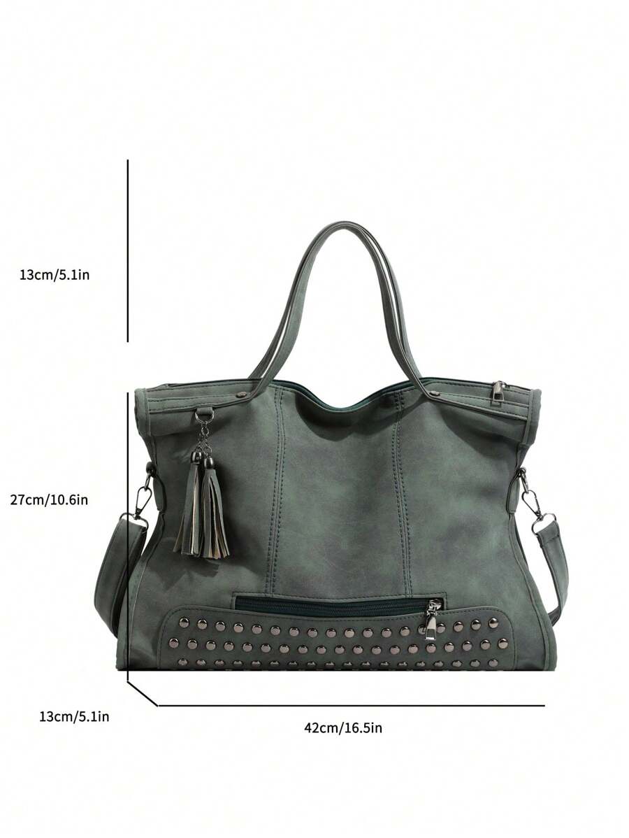 Vintage And Fashionable Large Capacity Commuter Tote Bag With Rivets And Tassels