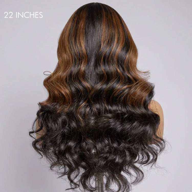Brown Mix Black / Natural Black C Part Glueless Loose Wave 5x5 Closure Wig with Bangs - US Only