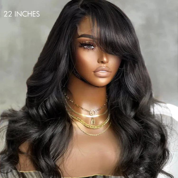 Brown Mix Black / Natural Black C Part Glueless Loose Wave 5x5 Closure Wig with Bangs - US Only