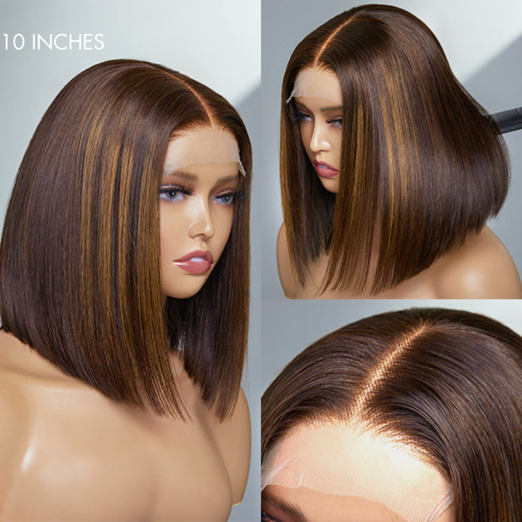 Limited Stocks | Glueless Chestnut Brown Highlights Straight 4x4 Closure Bob Wig - US Only